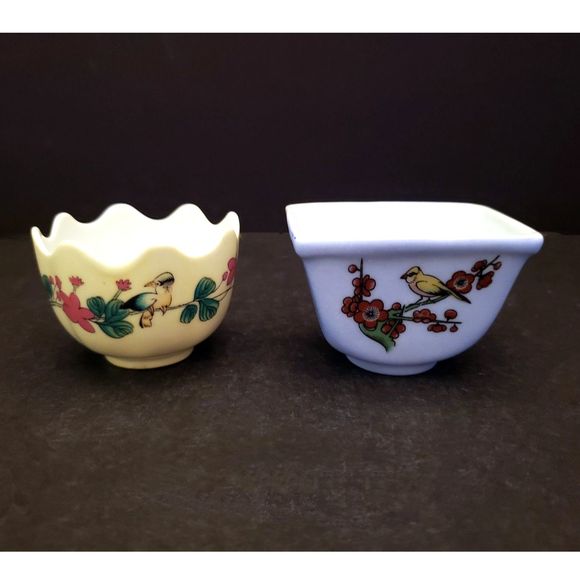 Porcelain Lillian Vernon Trinket Bowls Birds Flowers Yellow Blue Vintage Chinese - Picture 1 of 11